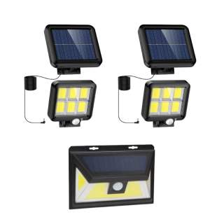 Komplet COB LED solarnih reflektorjev 2x z ločenim solarnim panelom in PIR senzorjem gibanja in 1x solarna svetilka 5W 300lm